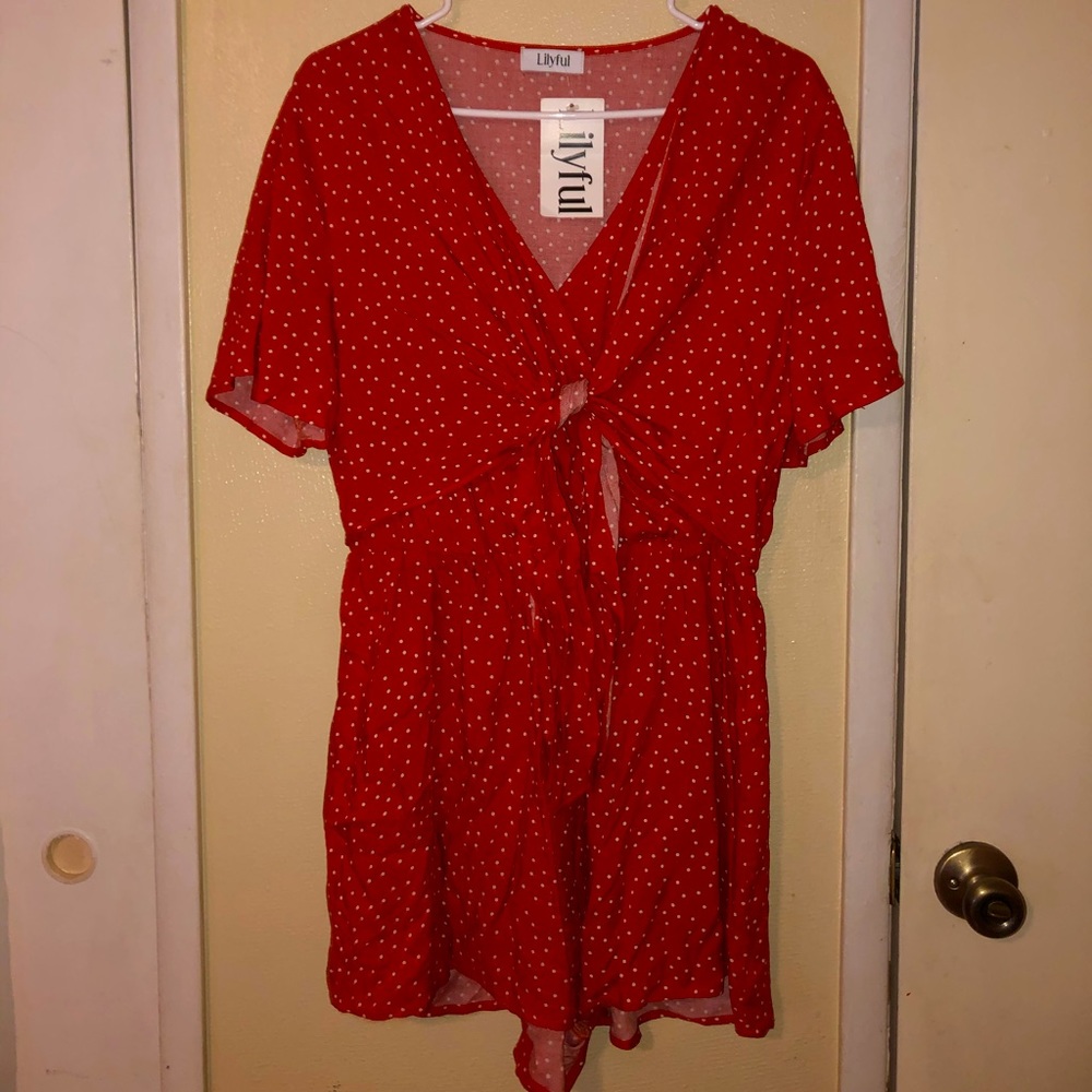 Red/orange polka dot romper